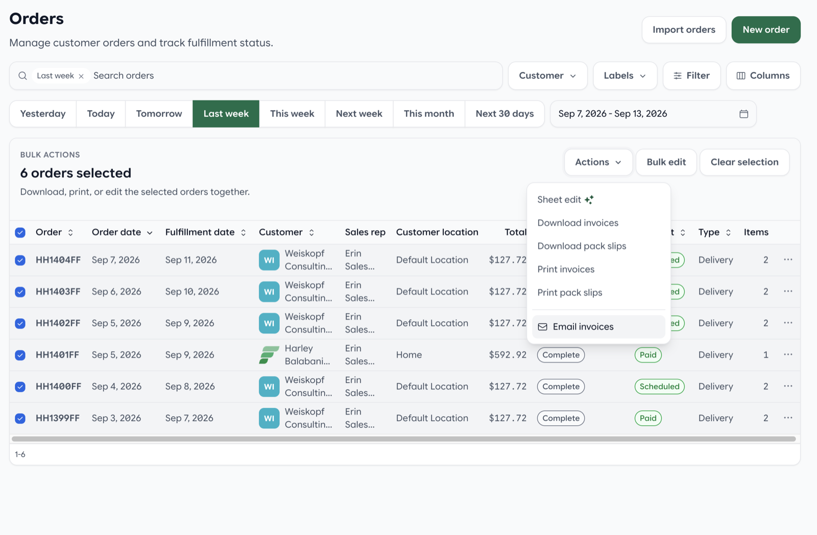 Orders list bulk actions menu with Email invoices selected