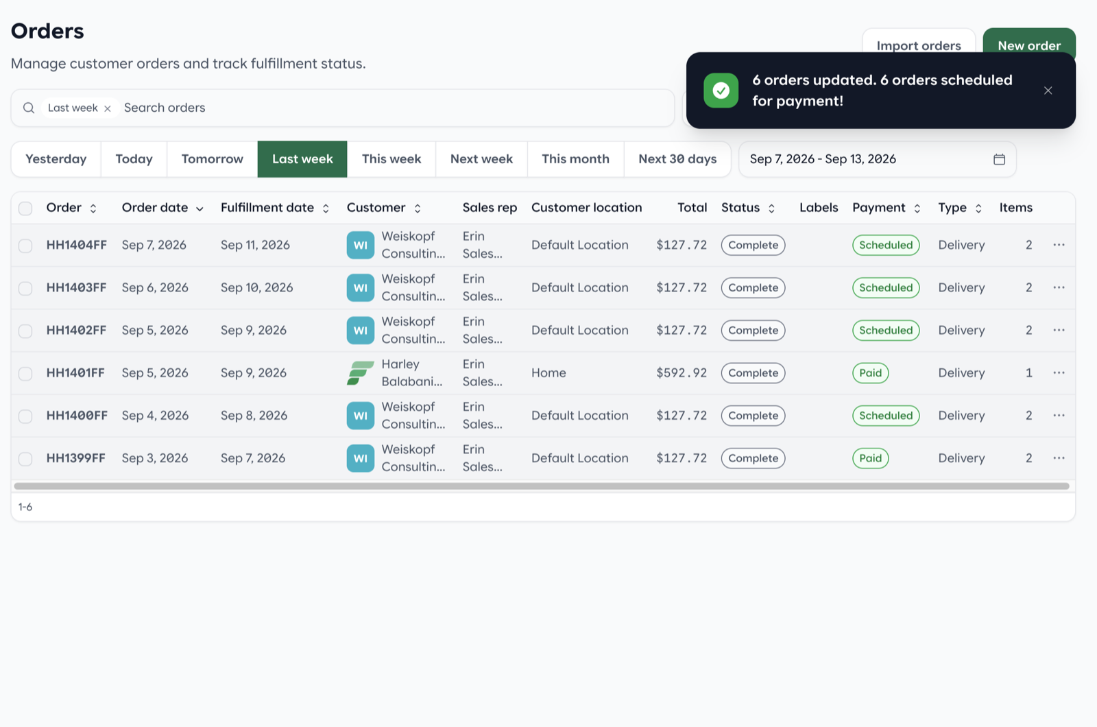 Orders list showing invoices scheduled for payment