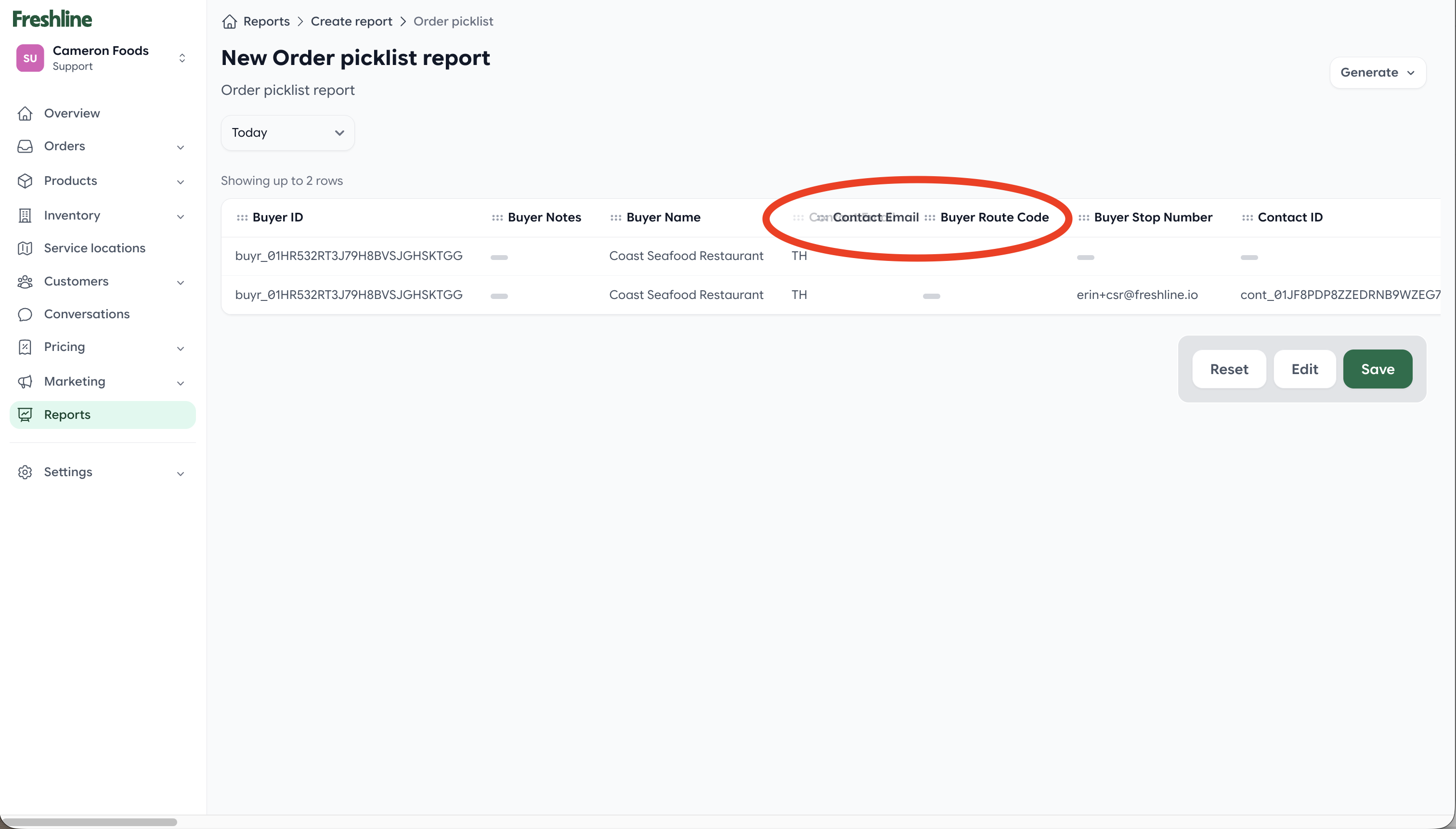 Dragging report columns to customize export layout in Freshline