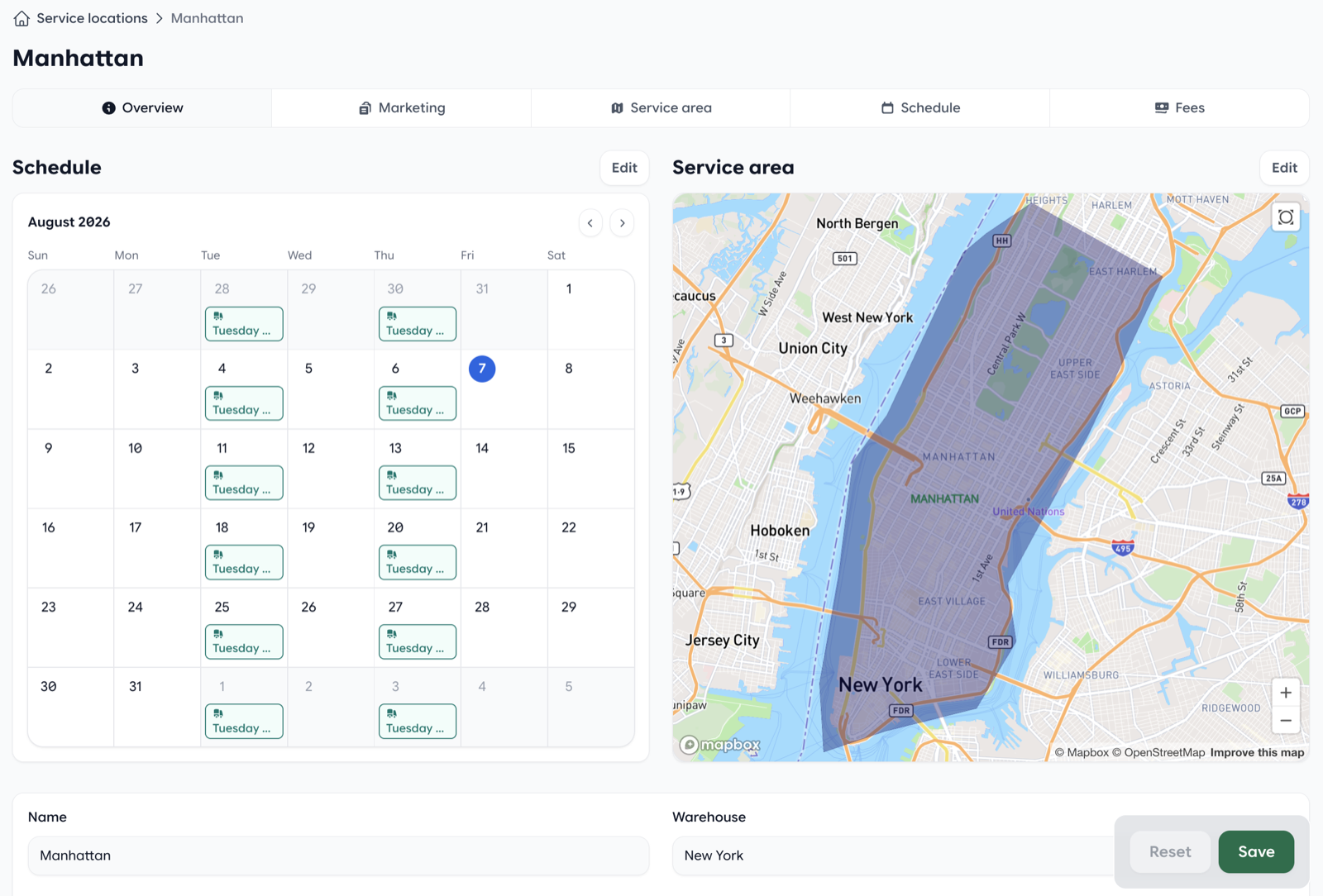 Redesigned Freshline service location admin with tabbed layout