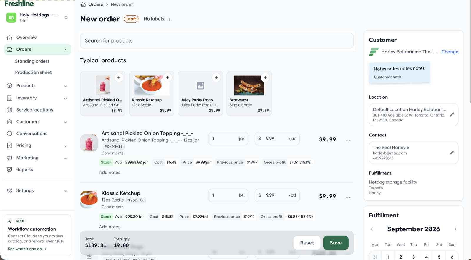 New order form with newest line items at the top, sticky product search, and live totals