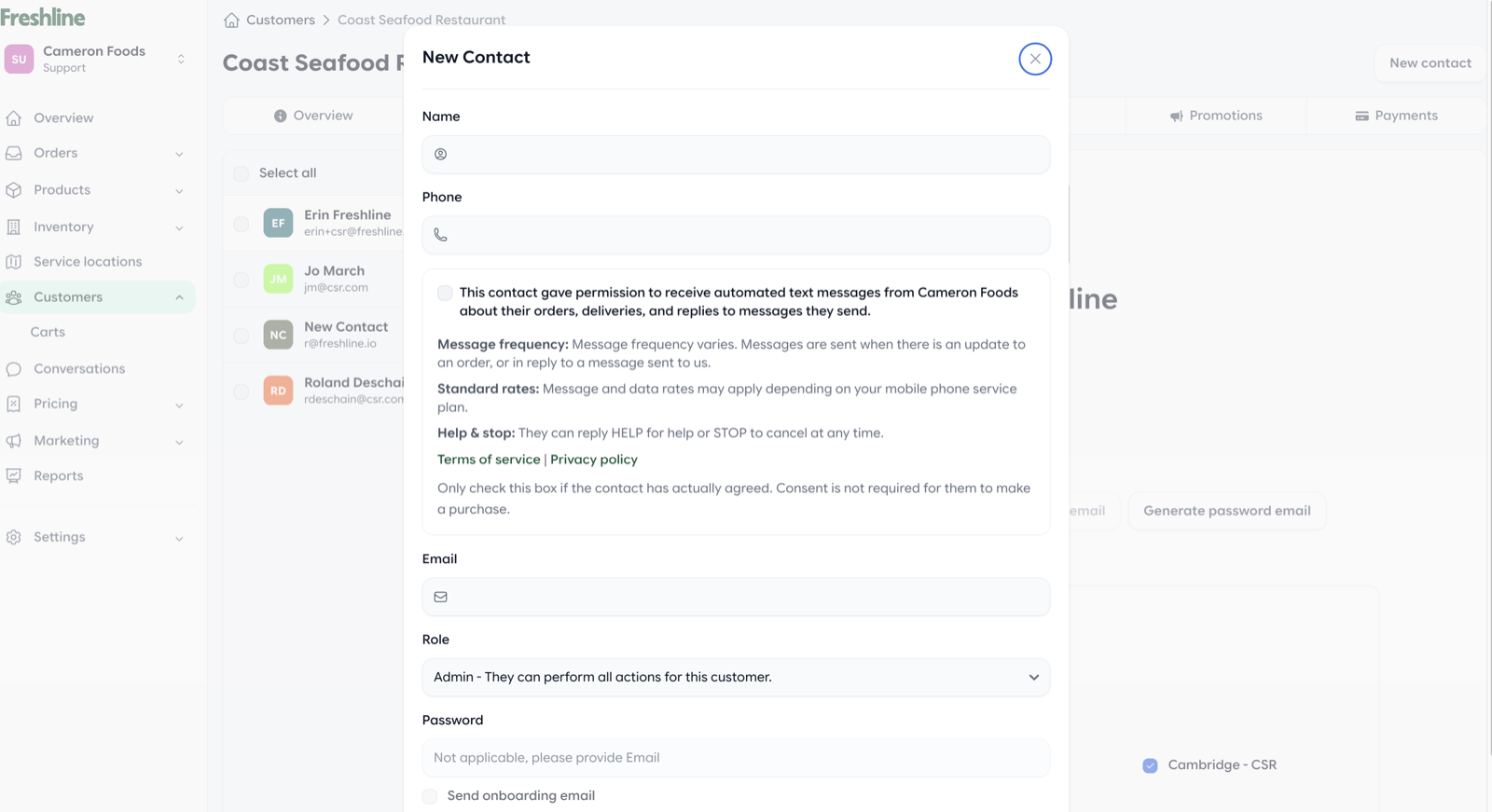 SMS opt-in consent on Freshline storefront signup