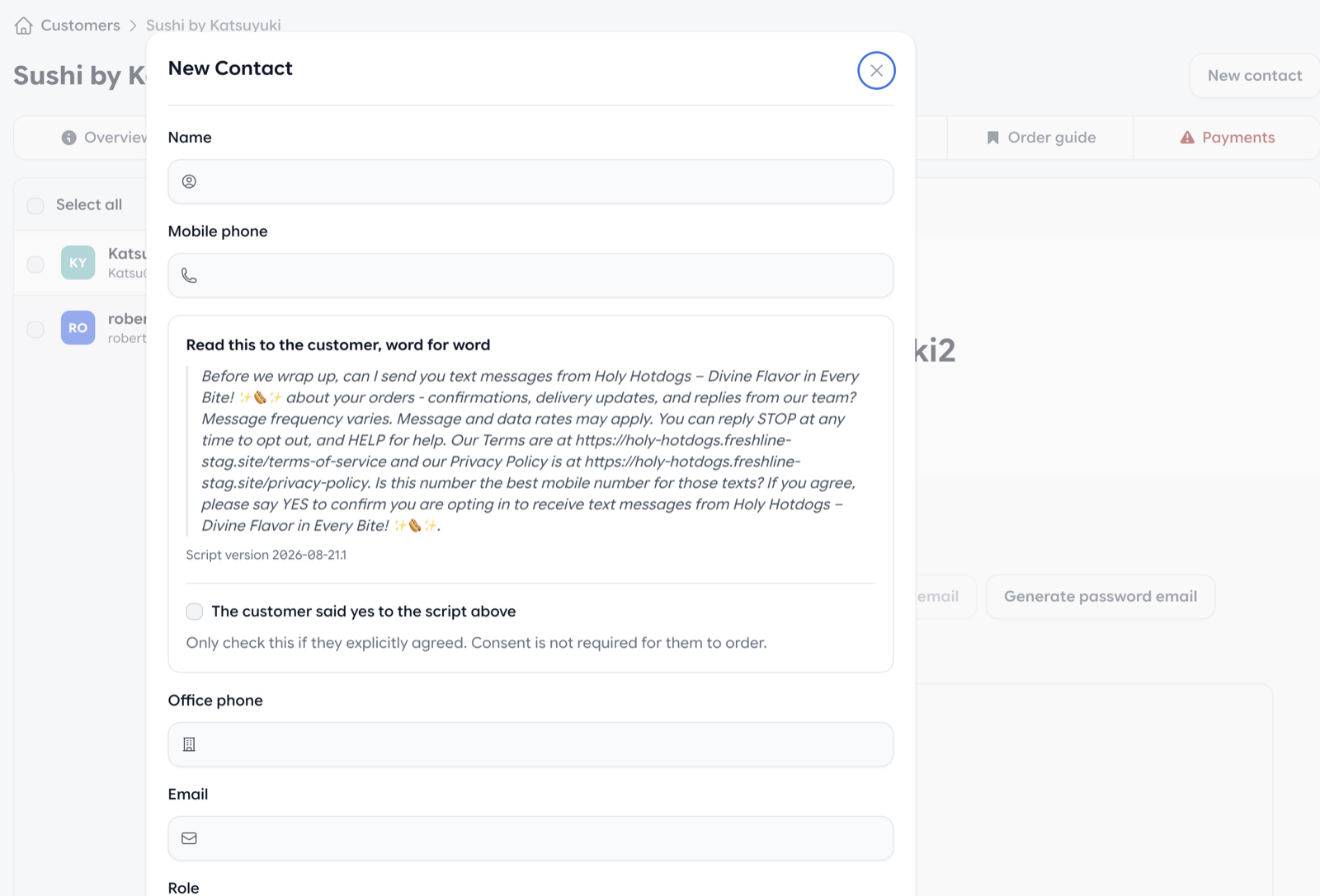 New contact form with SMS verbal consent script, mobile phone, and office phone