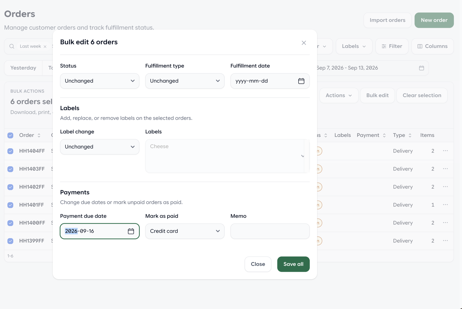 Bulk edit orders modal with mark as paid and payment due date