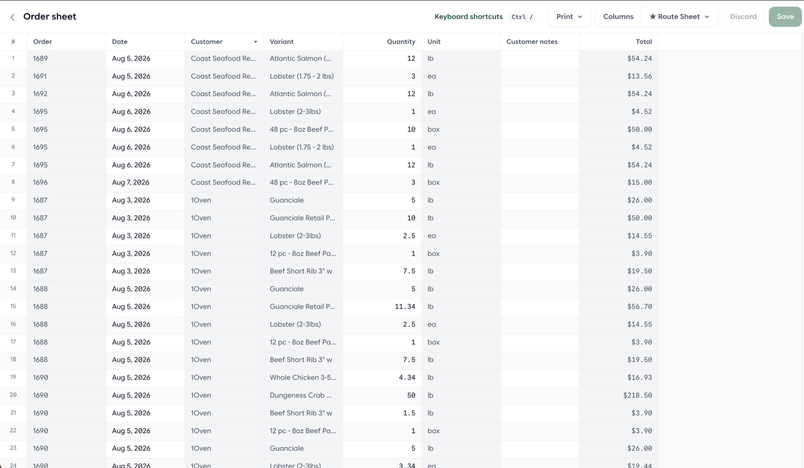 Freshline production sheet editor with spreadsheet-style layout