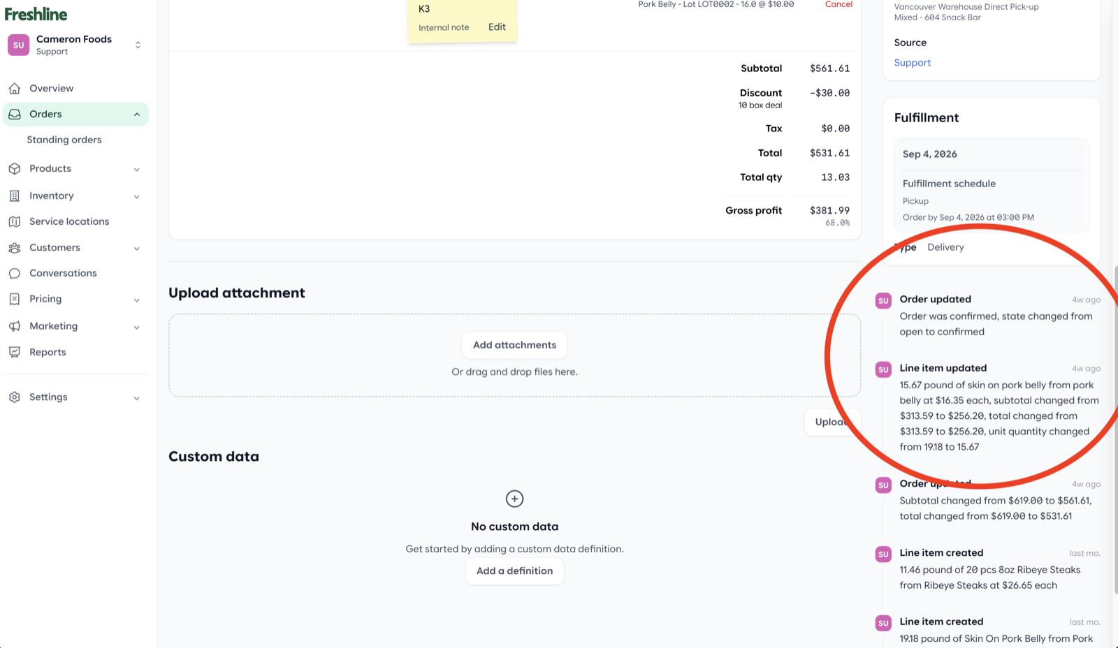 Enhanced activity timeline showing invoice changes and line-item credits