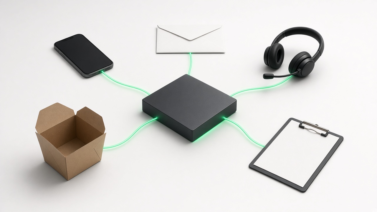 A phone, envelope, headset, clipboard, and food container connected by green lines to a central dark block