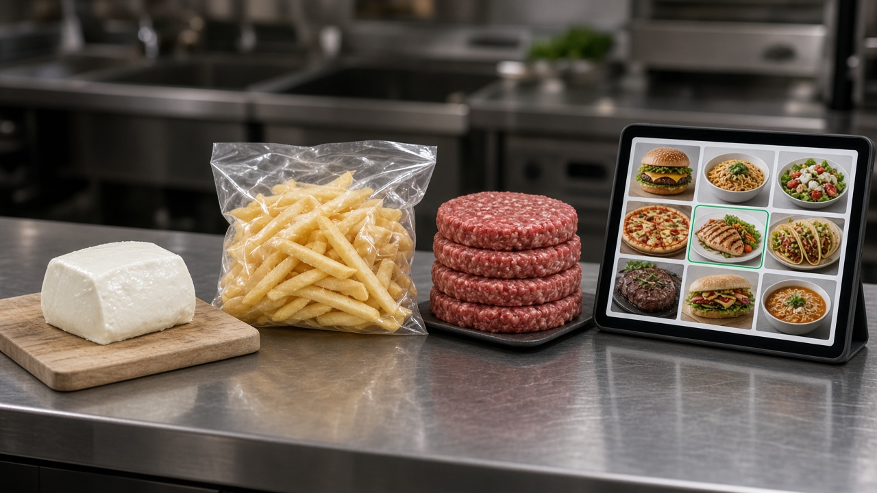 Mozzarella, frozen fries, and burger patties on a prep table next to a tablet showing a product grid