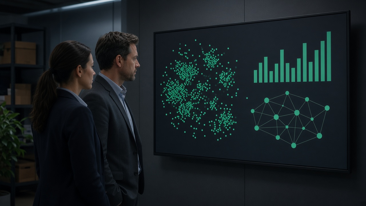 Two colleagues reviewing a wall display of customer clusters, volume bars, and connected purchasing patterns