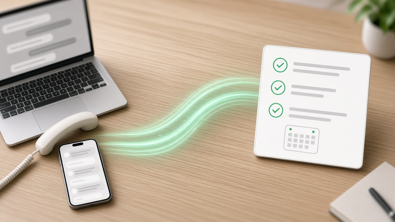 A laptop, phone, and handset on a desk, with a green path leading to a structured order card
