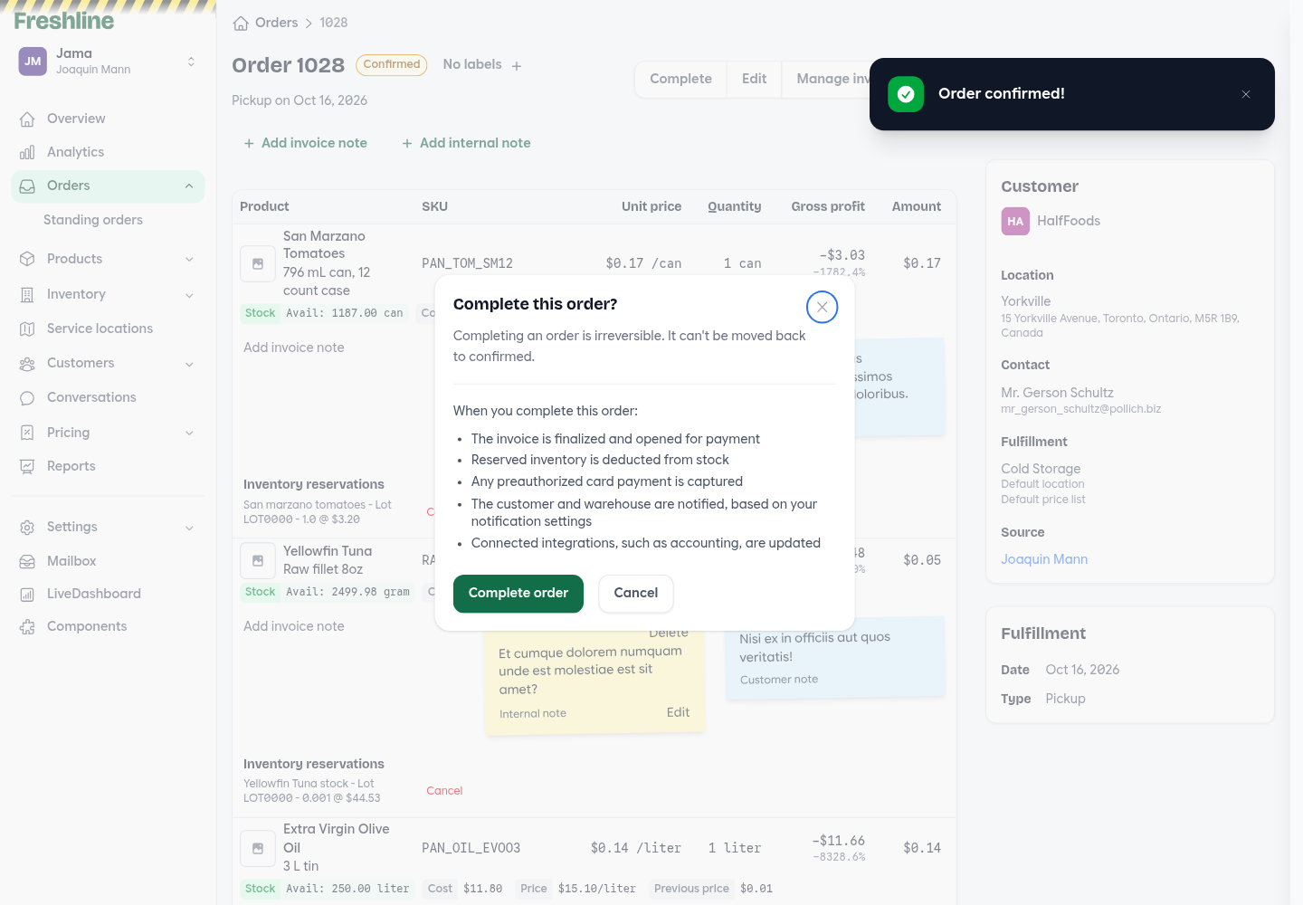 Complete this order confirmation listing invoice, inventory, payment, and notification effects