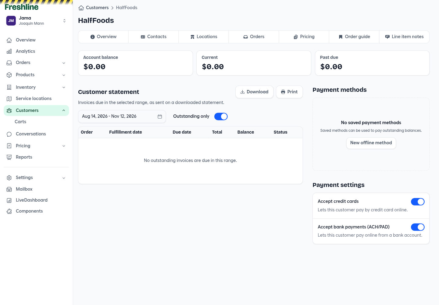 Customer payments tab with account balance, current, past due, and a statement for a due-date range