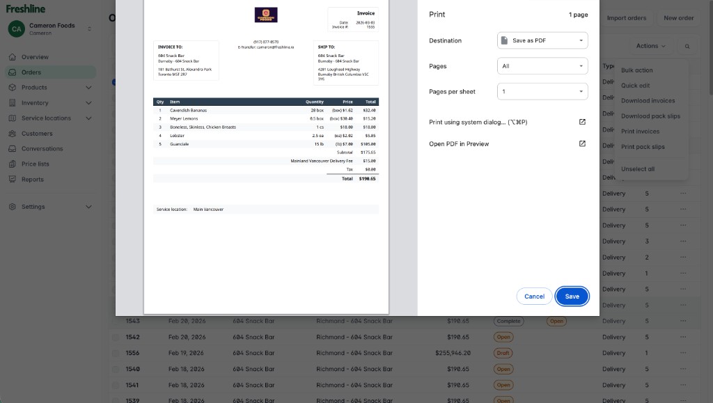 Invoice display settings with Modern layout selected