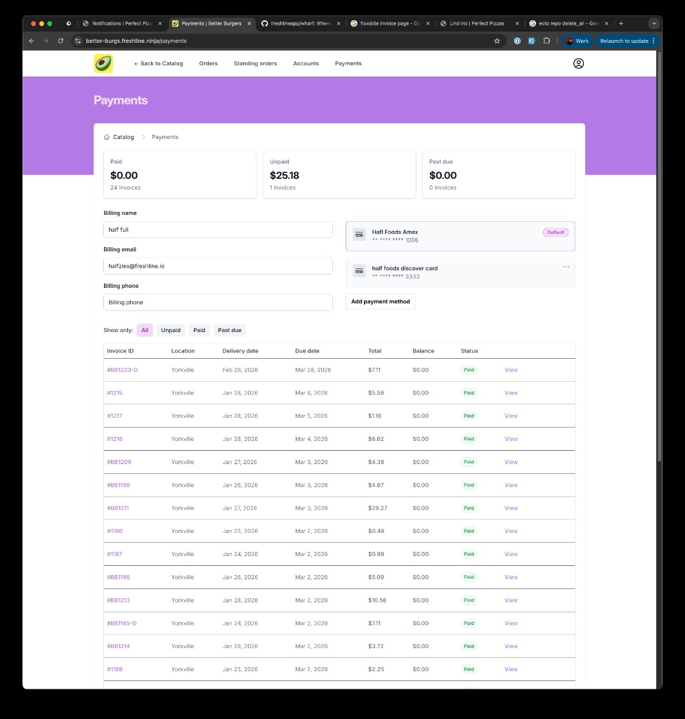 Payments page with saved payment methods and Add payment method