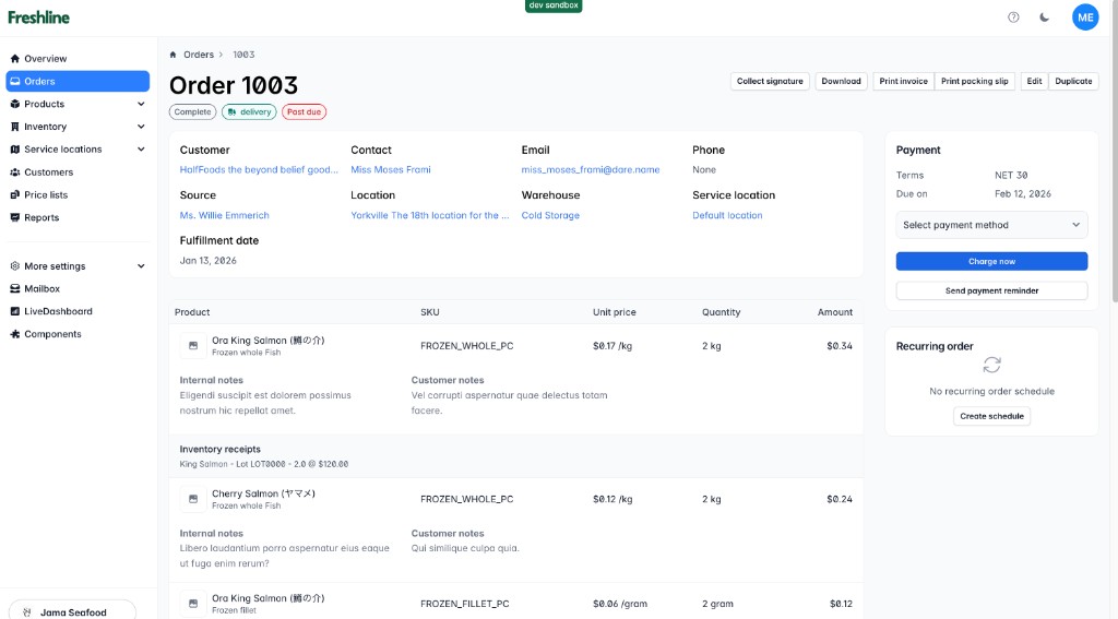 Order detail with Send payment reminder button