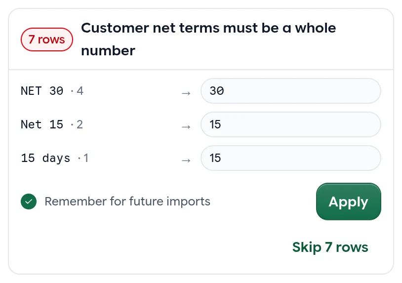 A card for Customer net terms must be a whole number on 7 rows, matching NET 30 to 30, Net 15 to 15 and 15 days to 15, with Remember for future imports ticked