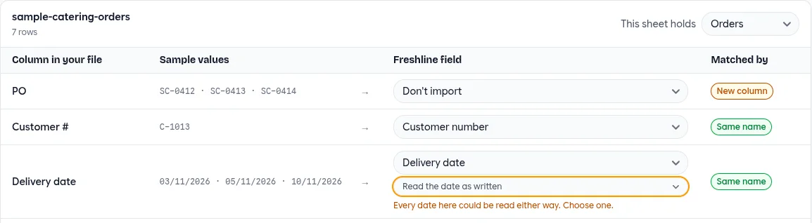 Map columns for an orders CSV: PO left unimported, Customer # matched to Customer number, and Delivery date outlined in amber with Every date here could be read either way. Choose one.