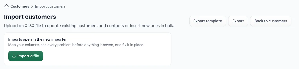 The existing customer import page with a notice: Imports open in the new importer, with an Import a file button