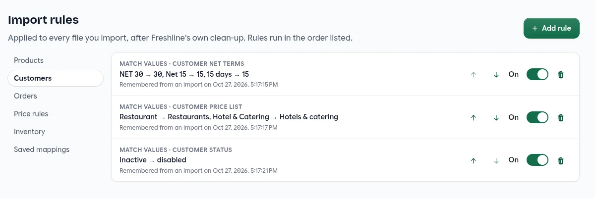 Import rules for customers: three rules remembered from an import, for net terms, price list and status, each with arrows, an On switch and a delete button