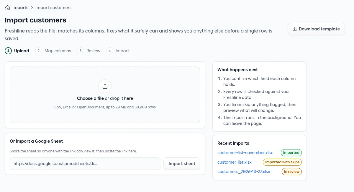 Import customers: a drop zone for a CSV, Excel or OpenDocument file, a field for a Google Sheets link, a list of what happens next and recent imports