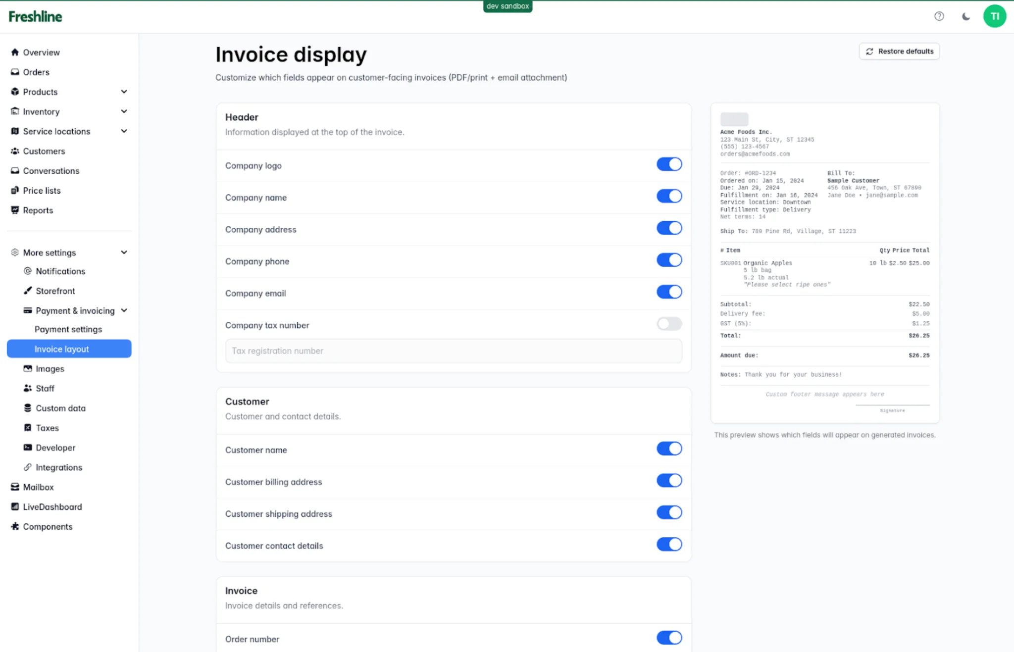 Invoice display settings that let you customize which fields appear on customer-facing invoices