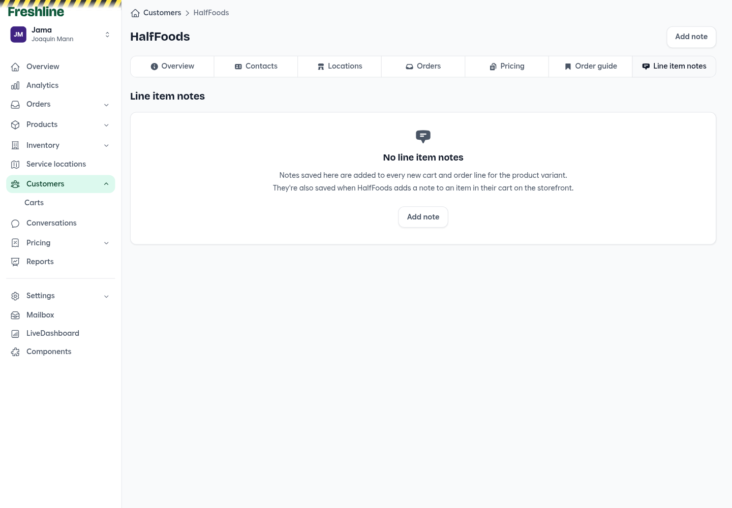 Customer line item notes tab explaining notes are added to every new cart and order line
