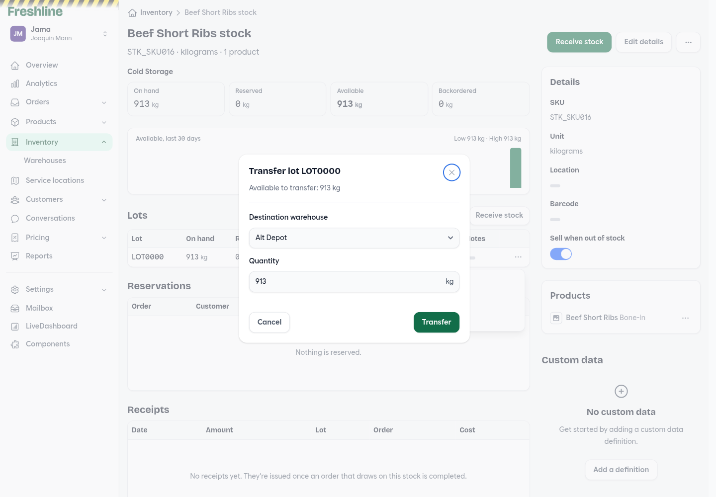 Transfer lot dialog choosing a destination warehouse and quantity