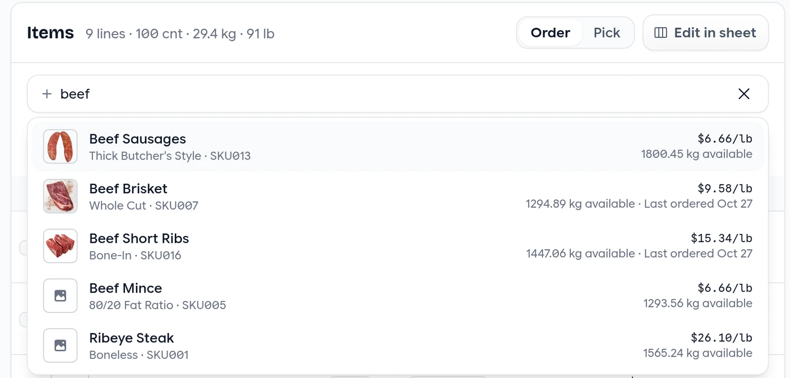 Product search results with photos, prices, stock and last-ordered dates