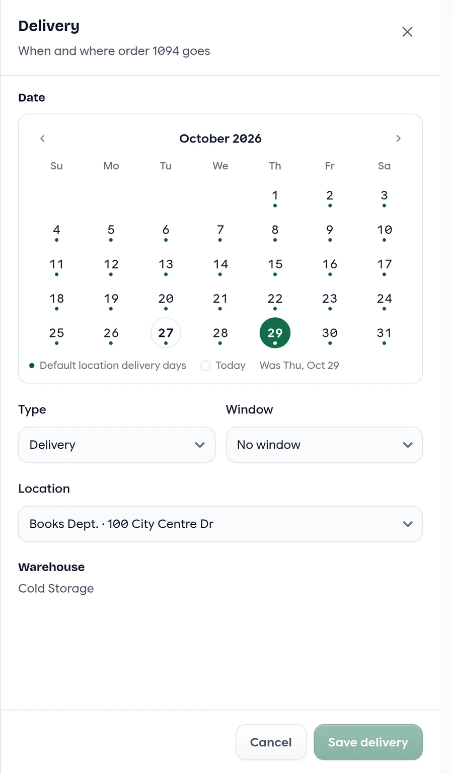 The delivery drawer with a calendar of delivery days