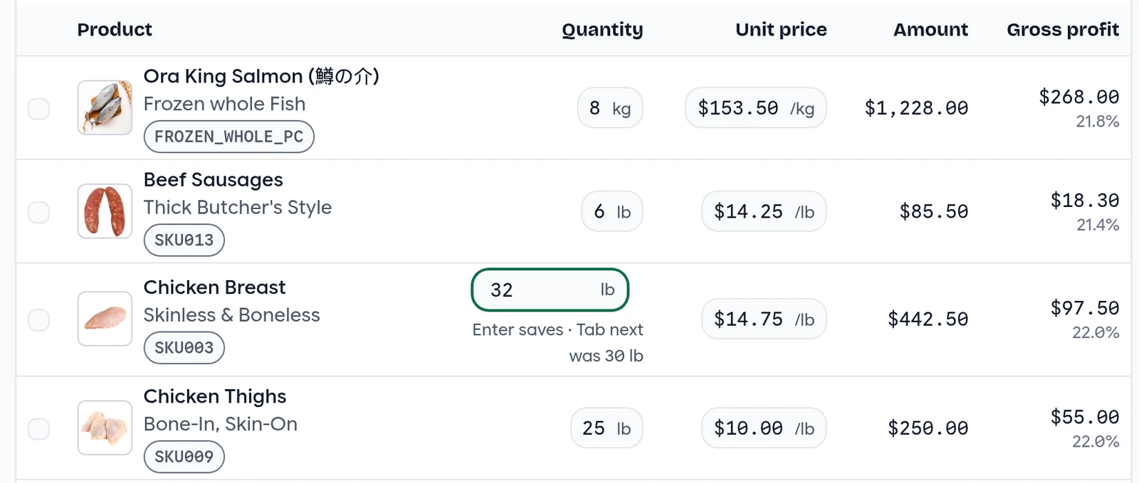A quantity being edited in place on an order line