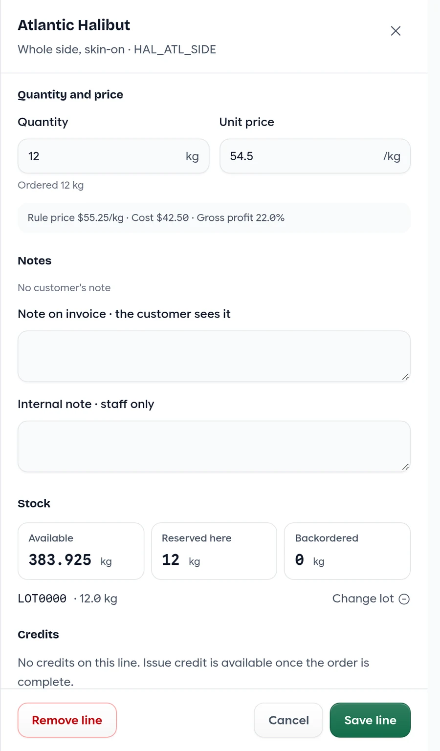 The line drawer with quantity, price, notes, stock and credits
