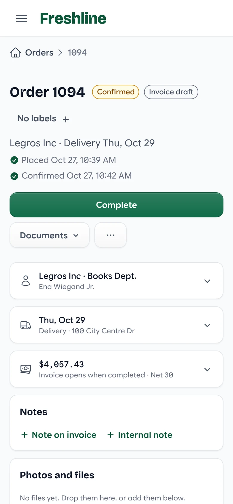 The order page on a phone, with cards folded into summaries