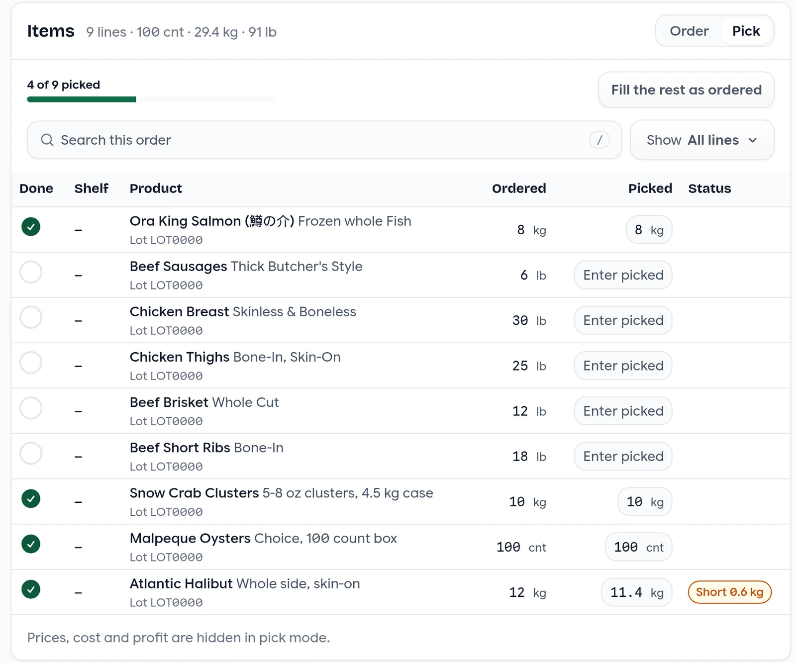 Pick mode with picked amounts, a progress bar and a short line