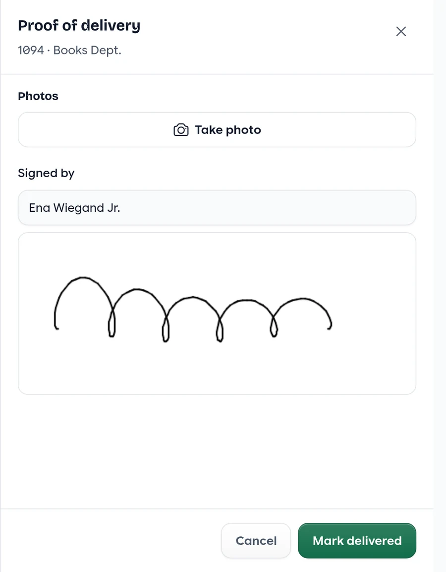 The proof of delivery sheet with photo, signer and signature
