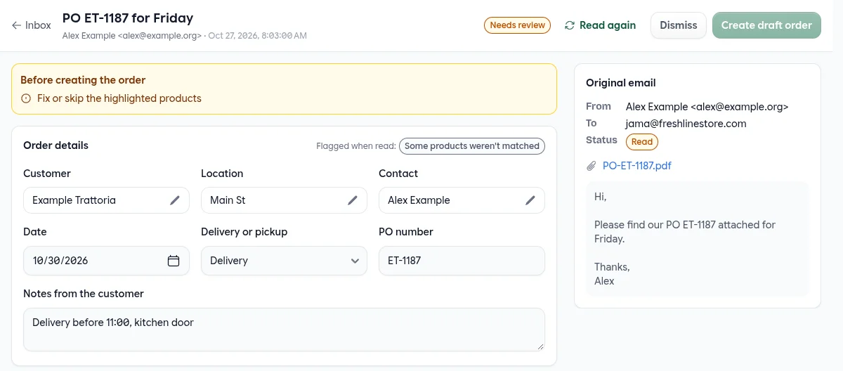 An order read from a PDF purchase order, with Before creating the order: Fix or skip the highlighted products, and the PDF listed under Original email