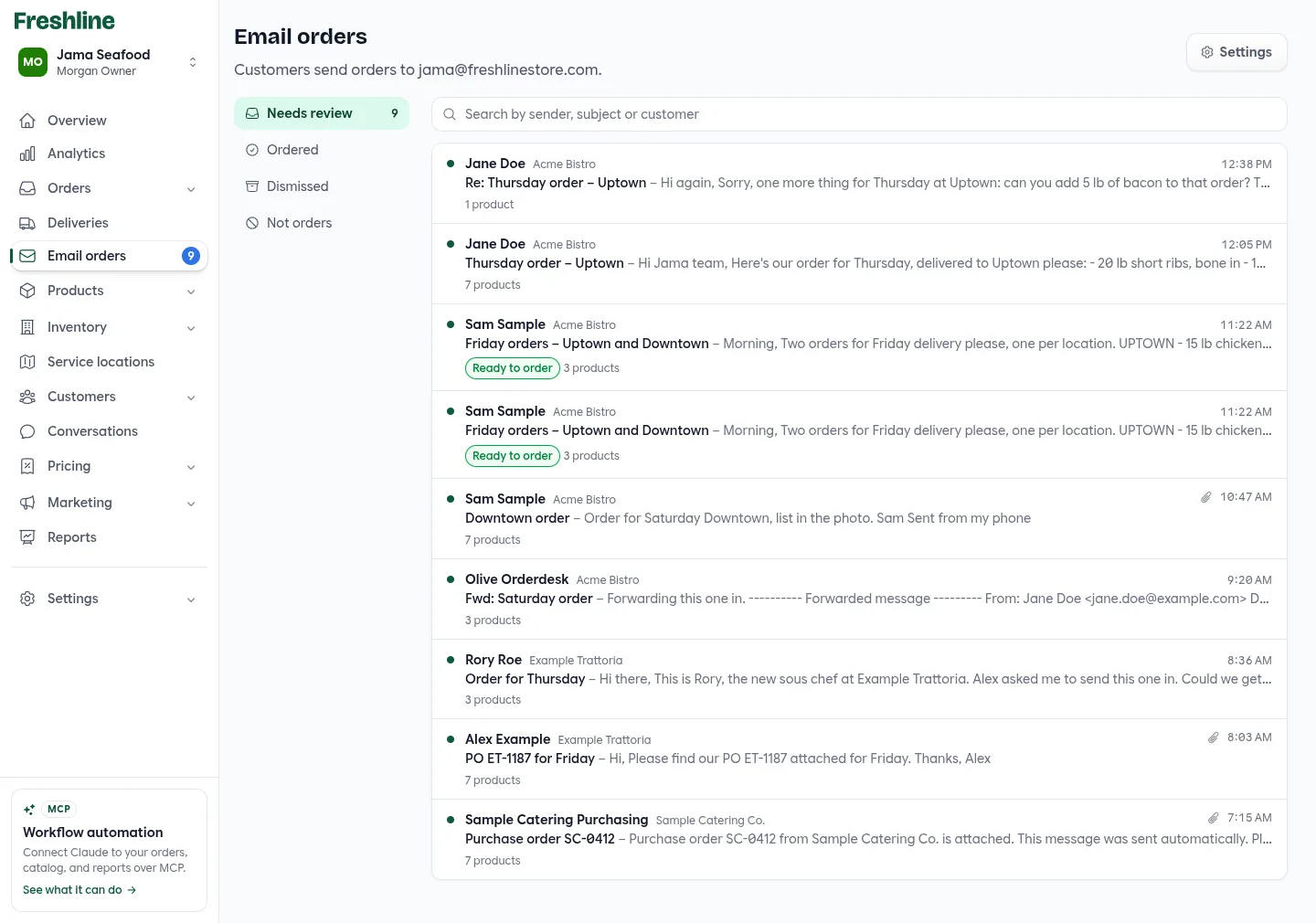 The Email orders inbox with folders on the left and orders from several customers, two marked Ready to order