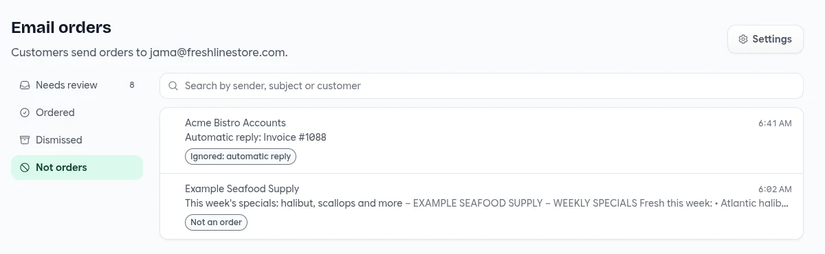 The Not orders folder with an automatic reply marked Ignored and a supplier newsletter marked Not an order