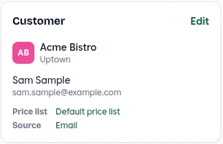 The Customer card on the order page, with Source: Email