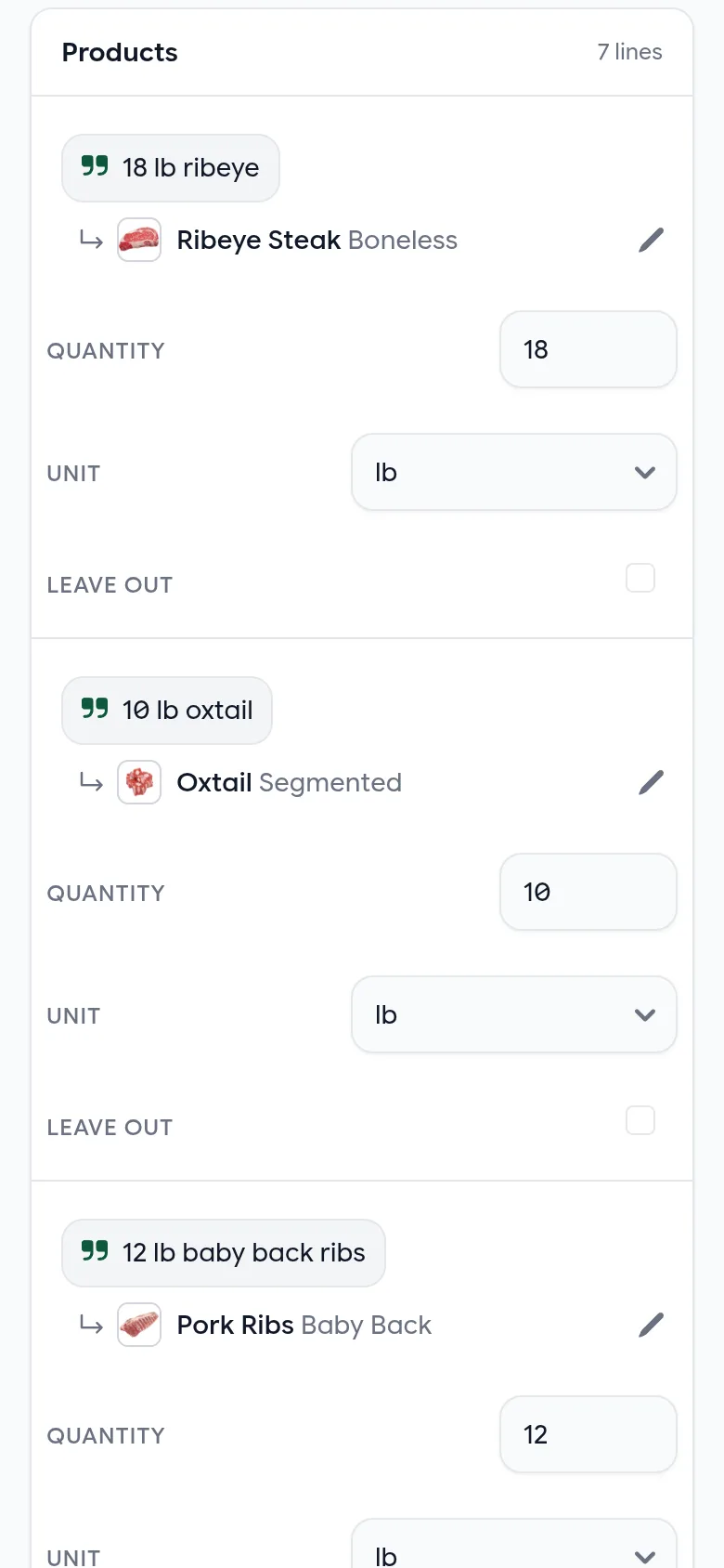 The email order page on a phone, each line a card with its quote, product, quantity and unit