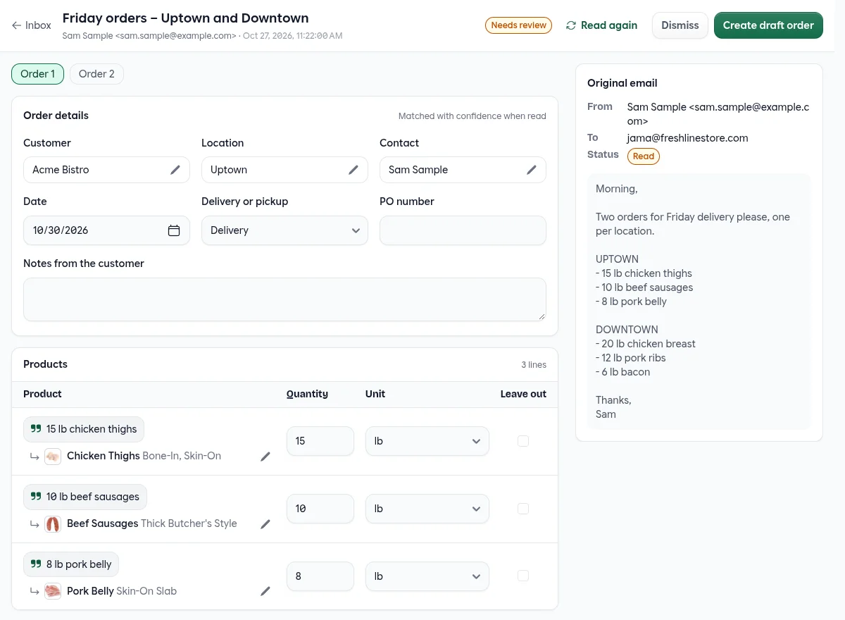 An email split into Order 1 and Order 2, one per location, with Matched with confidence when read