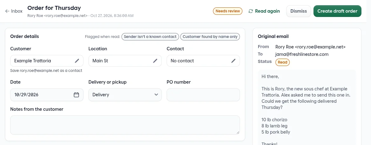 An order from an unknown sender, flagged Sender isn't a known contact and Customer found by name only, with a link to save the sender as a contact