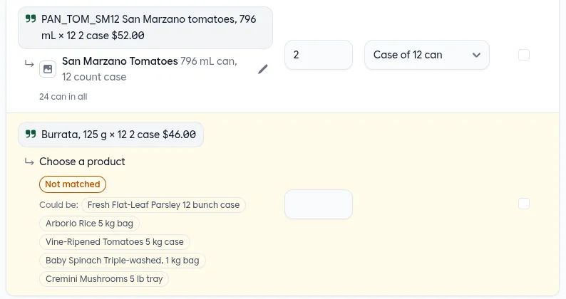 A purchase order line for burrata, highlighted and marked Not matched, with products offered under Could be