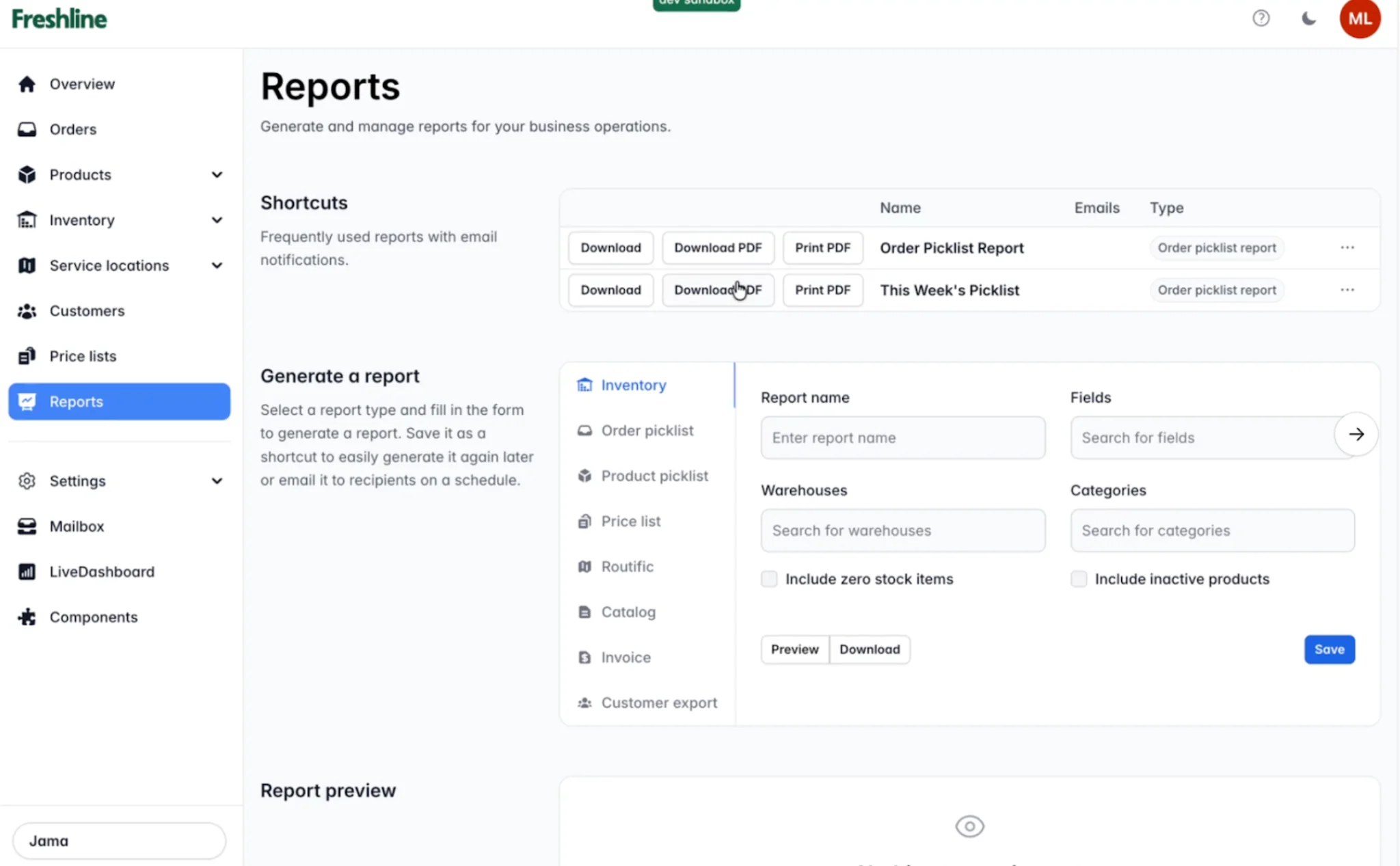 Reports page with PDF download and print functionality