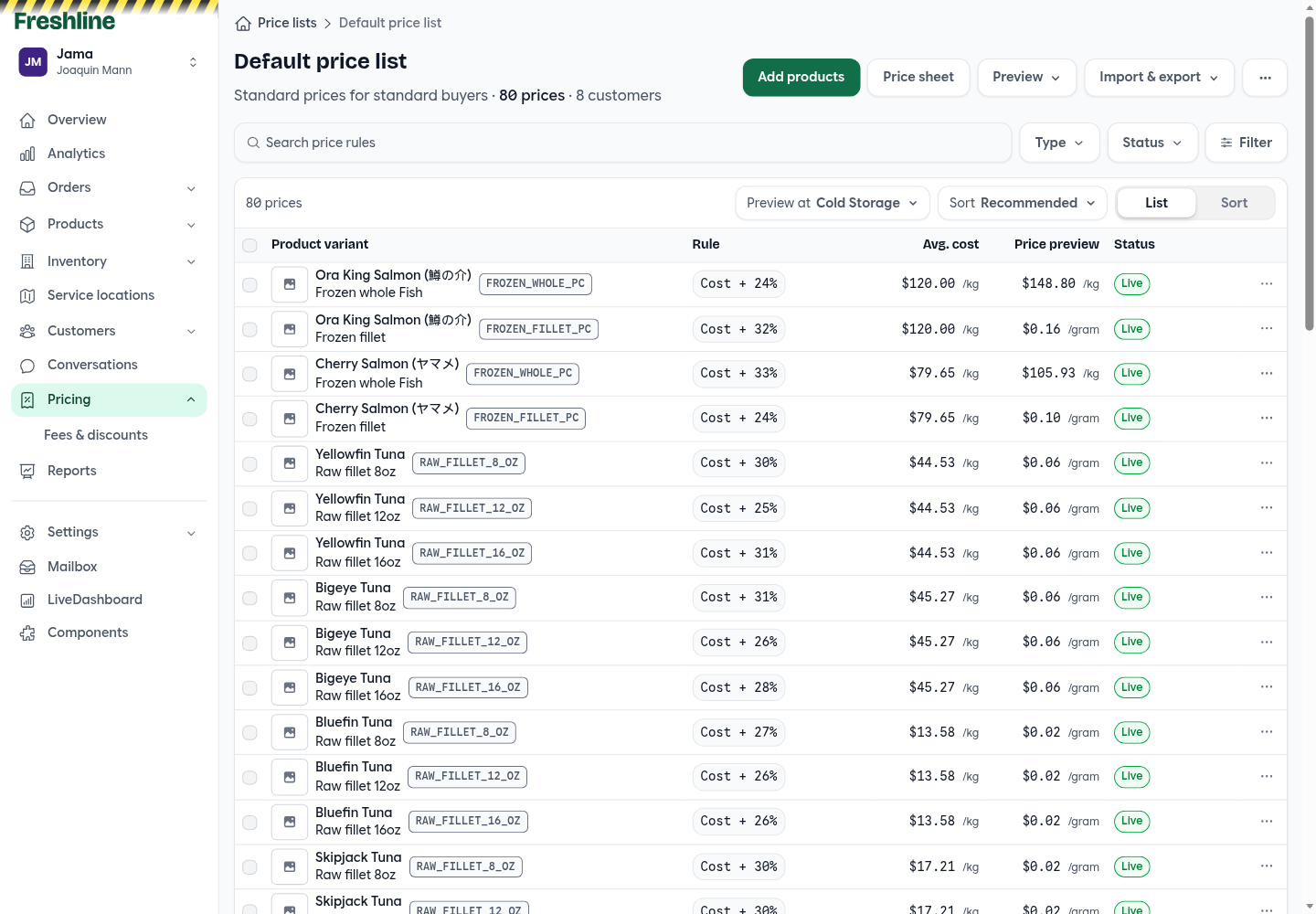 Default price list table with rule, average cost, price preview, and live status