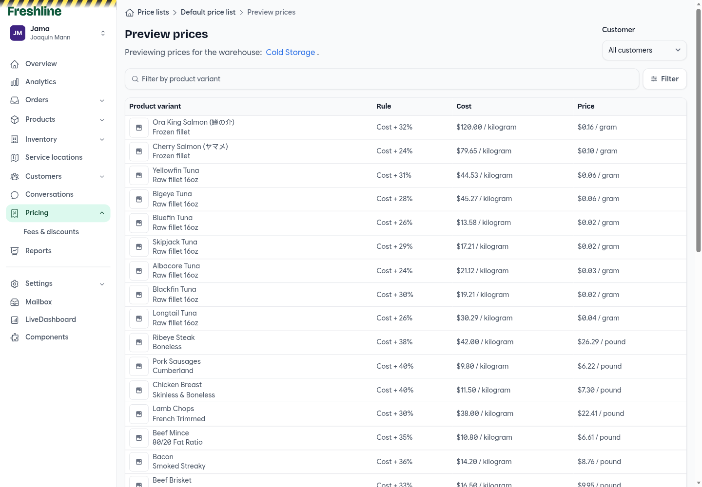 Preview prices for a warehouse, with cost and the buyer price for each variant