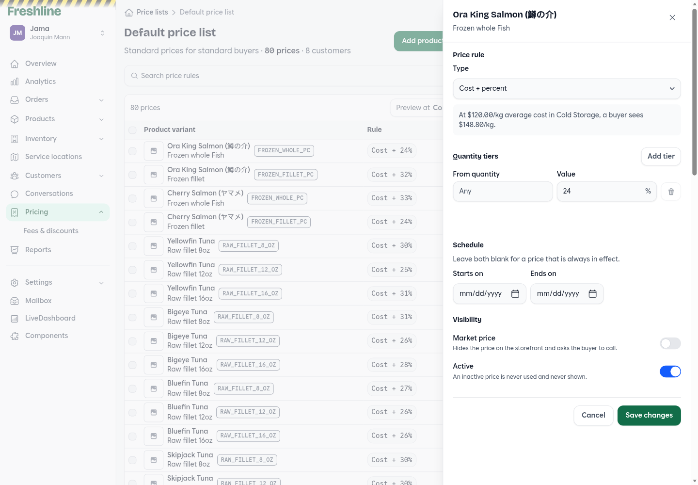Price rule drawer with quantity tiers, a date window, and visibility