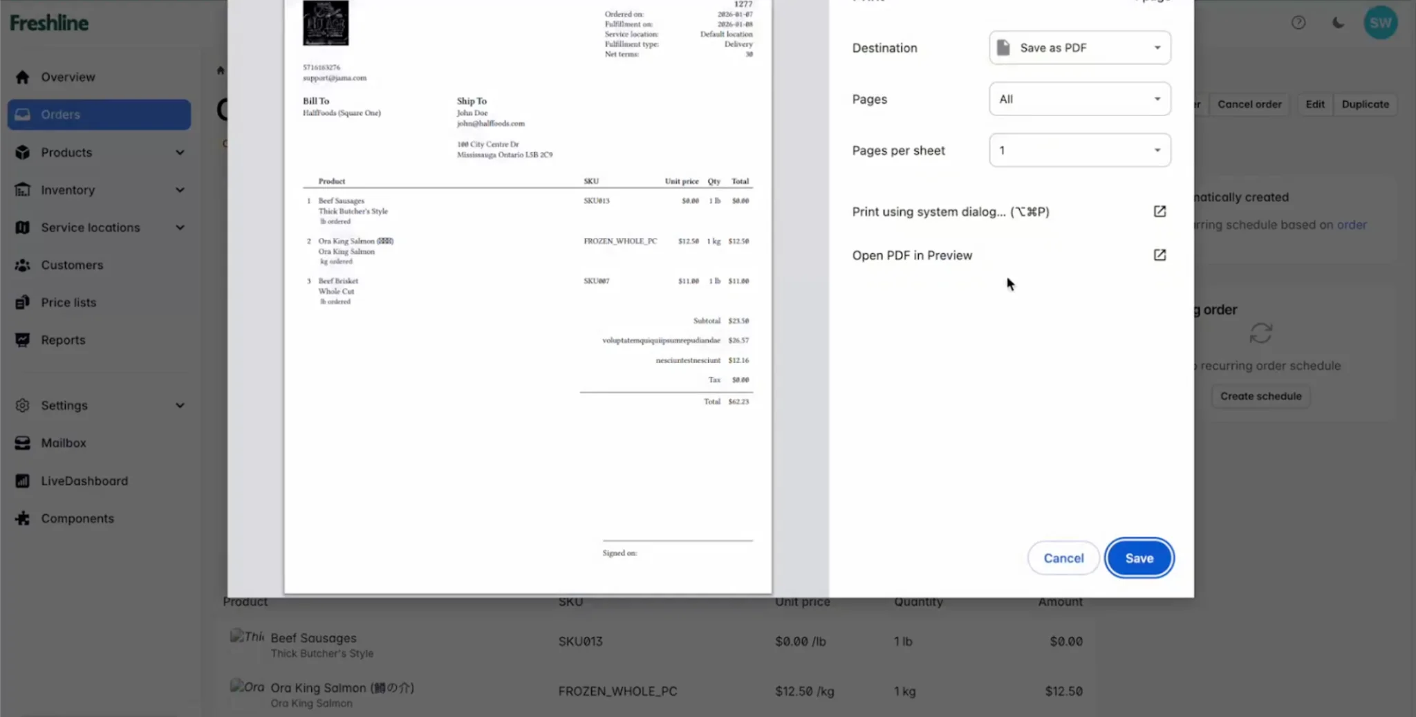 Print invoice dialog with Save as PDF option