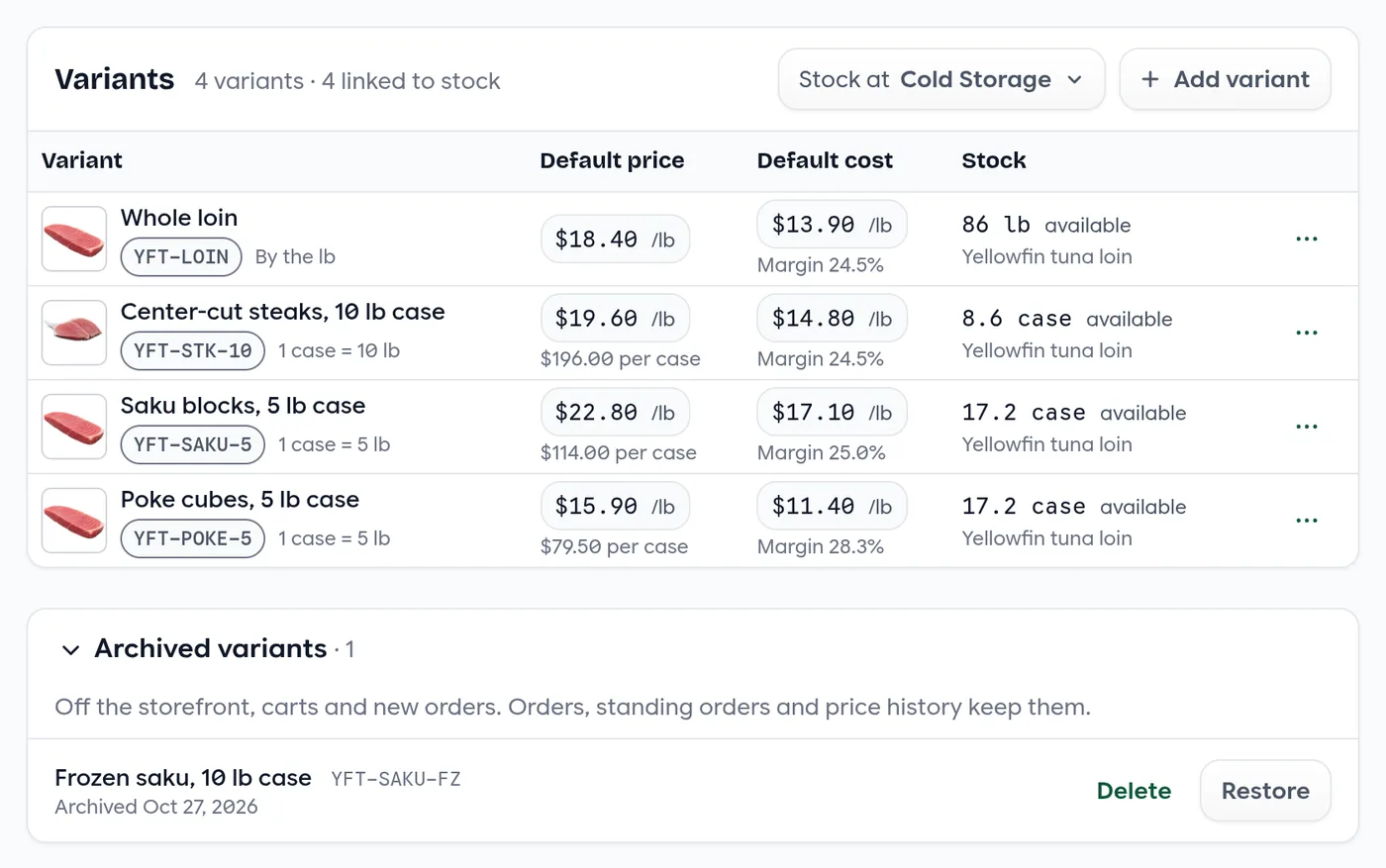The variants table with an Archived variants section listing one archived variant with Delete and Restore