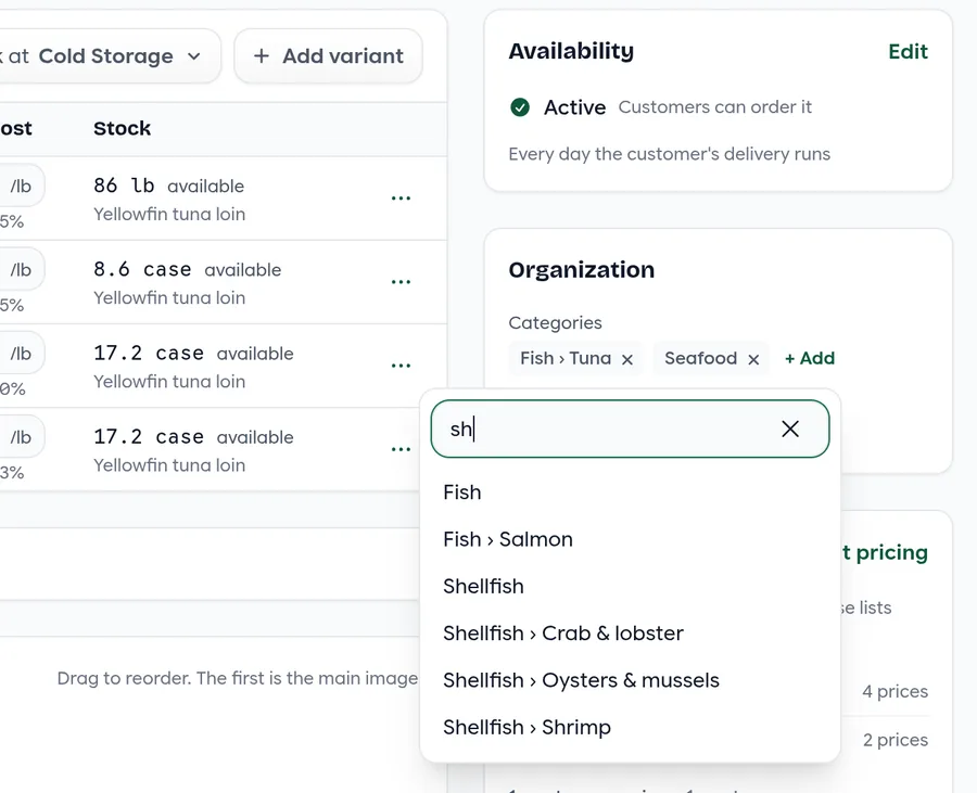 Adding a category from a searchable list on the Organization card