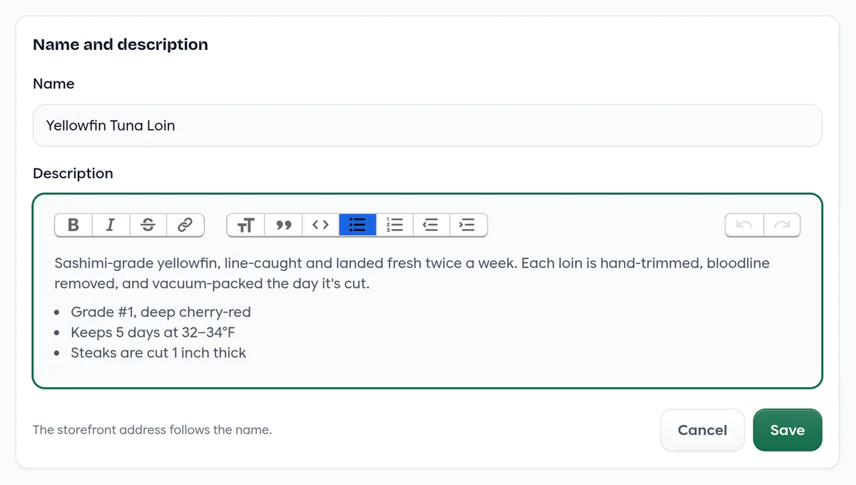 The description card in edit mode with the name field and a rich-text editor